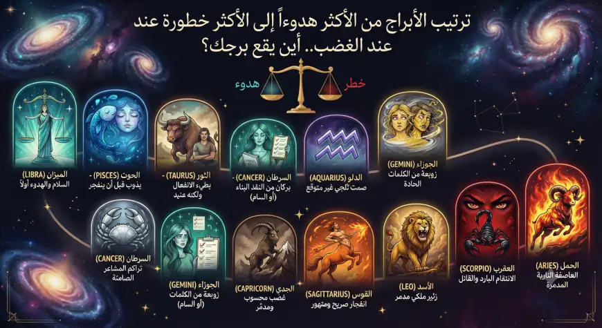 ترتيب الأبراج من الأكثر هدوءاً إلى الأكثر خطورة عند الغضب.. أين يقع برجك؟